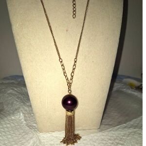 A Gold Tone Women's Tassel Necklace Purple Ball Sweater Length Elegant
